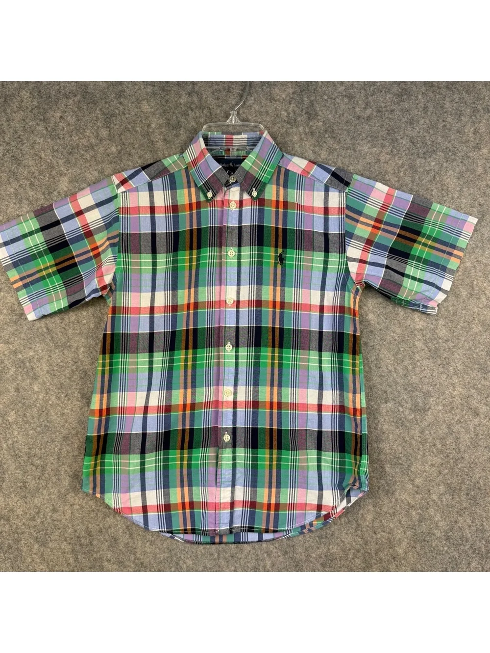 Ralph Lauren Short Sleeve Button Shirt Green Blue Red Plaid Boy’s Medium 117